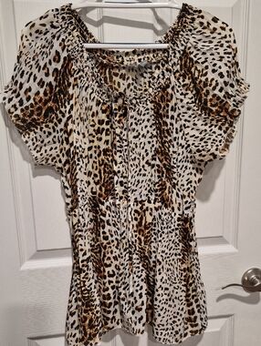 NY Collection Cream and Brown Leopard-Print Short Sleeve Blouse